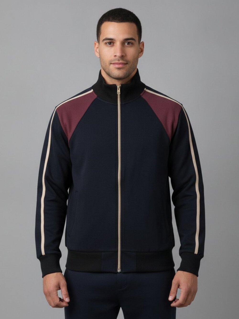 Mexx Men's Long Sleeve Zipper Polo Stripped Sweater Black Burgundy Beige L